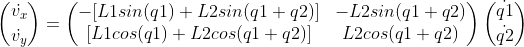 Velocity equations in matrix form, end-effector velocity vector equals Jacobian matrix times joint angular velocity vector