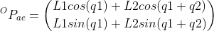 Vector from "a" to "e" in reduced form equals column vector with x component L1 cosine q1 plus L2 cosine q1+q2 and y component L1 sine q1 plus L2 sine q1 plus q2