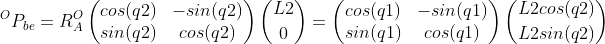 Vector from b to e in frame O with rotation matrices expanded